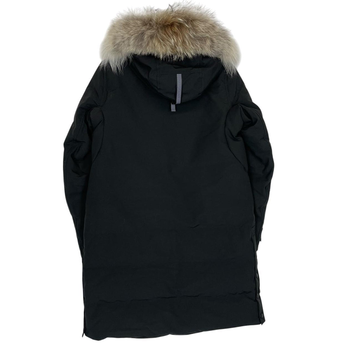 Canada Goose black parka with fur trim, logo patch, and down insulation.