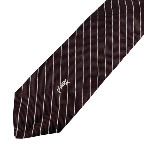 Vintage Yves Saint Laurent Brown and White Striped Silk Tie