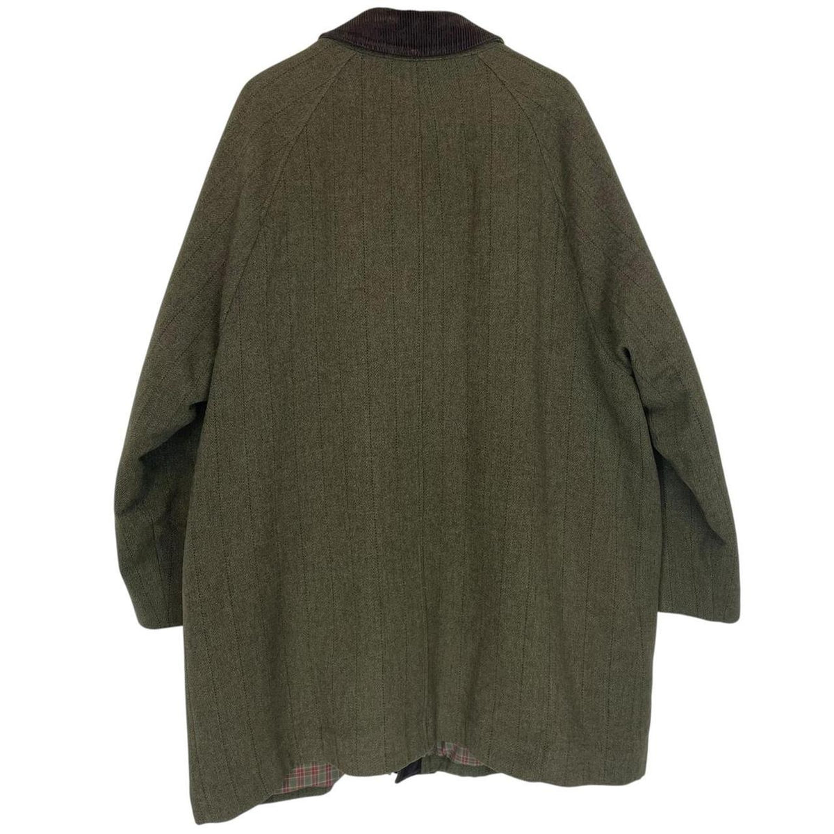 Barbour green tweed wool coat with classic pattern and missing front pocket button.