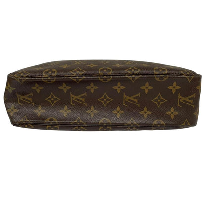 Louis Vuitton brown and tan monogram toiletry pouch with iconic logo and canvas material.