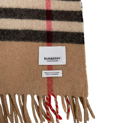 Burberry beige cashmere scarf featuring classic Nova Check pattern and logo.