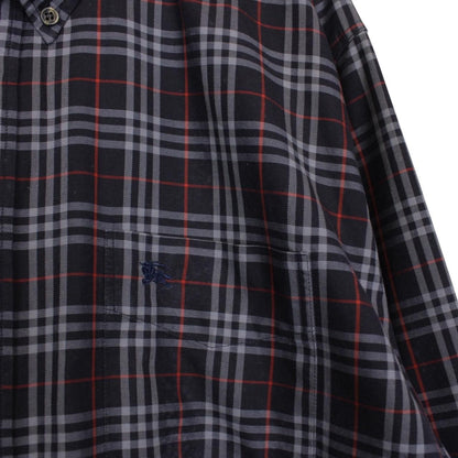 Vintage 90s Burberry Navy Blue Nova Check Long Sleeve Cotton Shirt