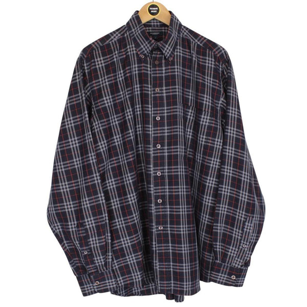Vintage Burberry London Navy Blue Nova Check Long Sleeve Cotton Shirt