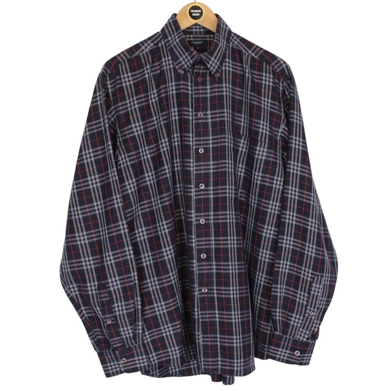 Vintage Burberry London Navy Blue Nova Check Long Sleeve Cotton Shirt