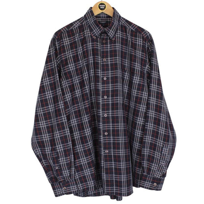 Vintage Burberry London Navy Blue Nova Check Long Sleeve Cotton Shirt