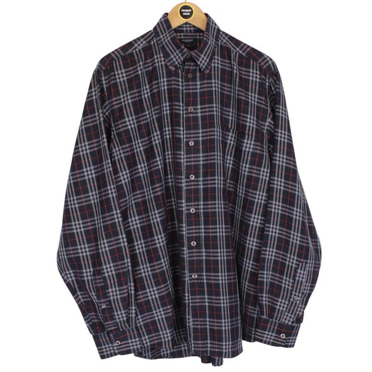 Vintage Burberry London Navy Blue Nova Check Long Sleeve Cotton Shirt