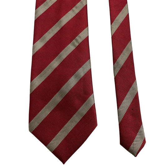 Hugo Boss red striped silk tie with subtle sheen and classic design.