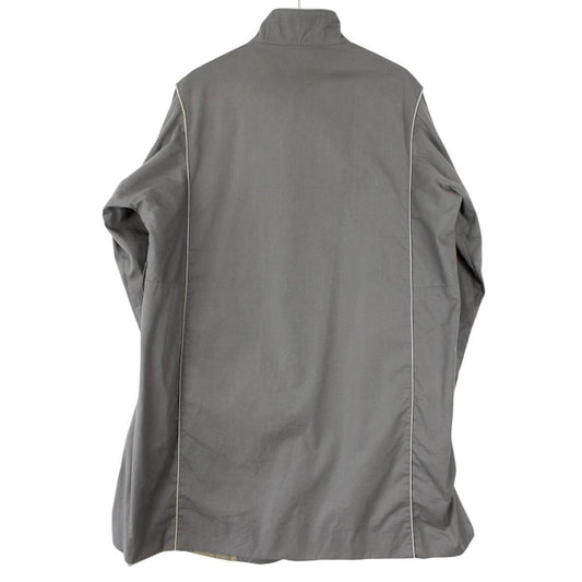 Burberry grey trench coat, single breasted, classic design, vintage 80s style.