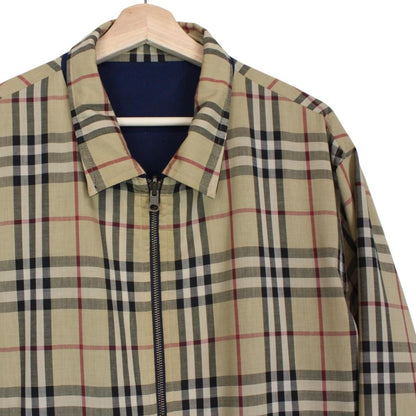 Vintage Burberry Tan Brown and Navy Blue Nova Check Reversible Harrington Jacket
