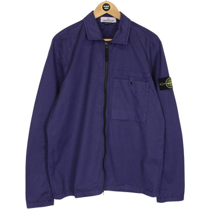 Stone Island SS 2022 Blue Full Zip Supima Cotton Twill Overshirt Jacket