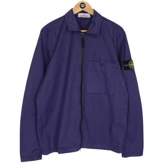 Stone Island SS 2022 Blue Full Zip Supima Cotton Twill Overshirt Jacket