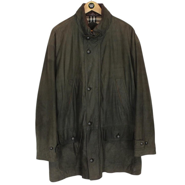 Vintage 90s Burberry Khaki Green Nova Check Lined Quilted Suede Leather Jacket