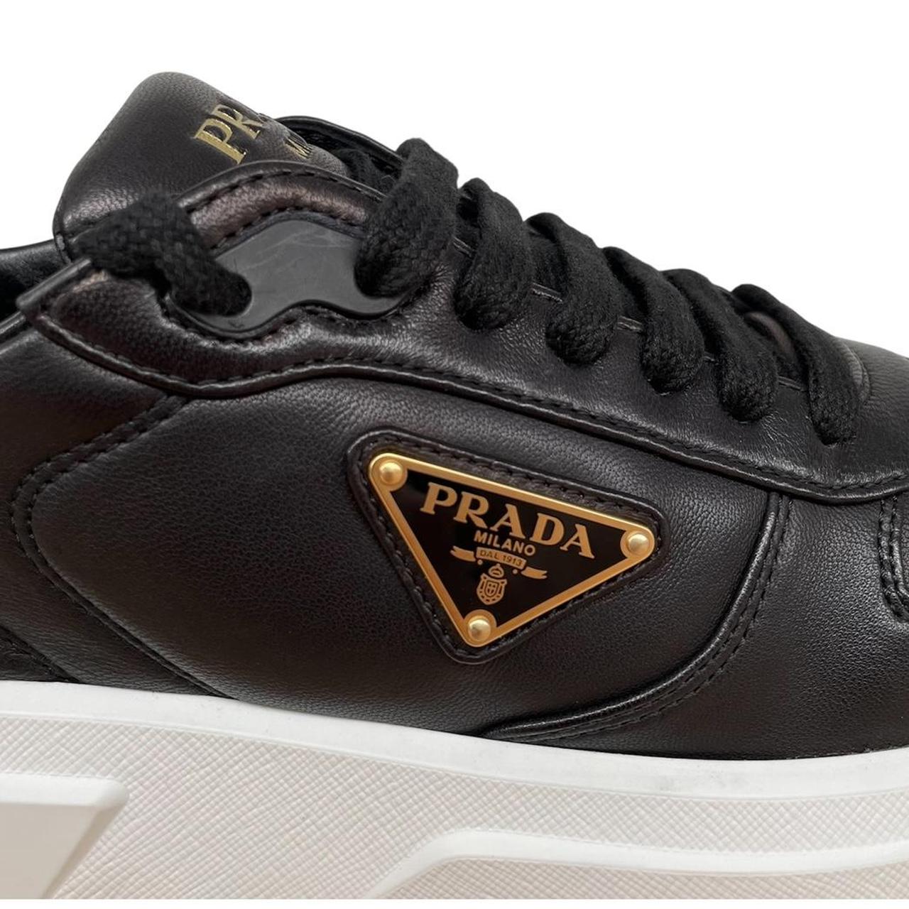 Prada Black and White Triangle Logo Leather Trainers