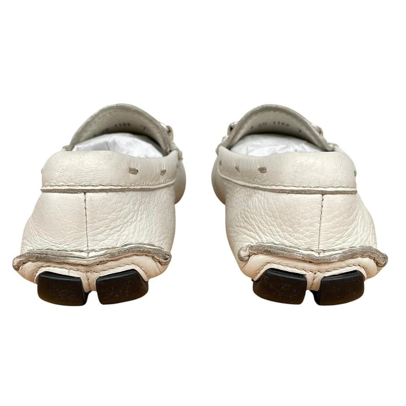 Prada Cream and Silver Logo Pebbled Leather Driving Shoe Loafers