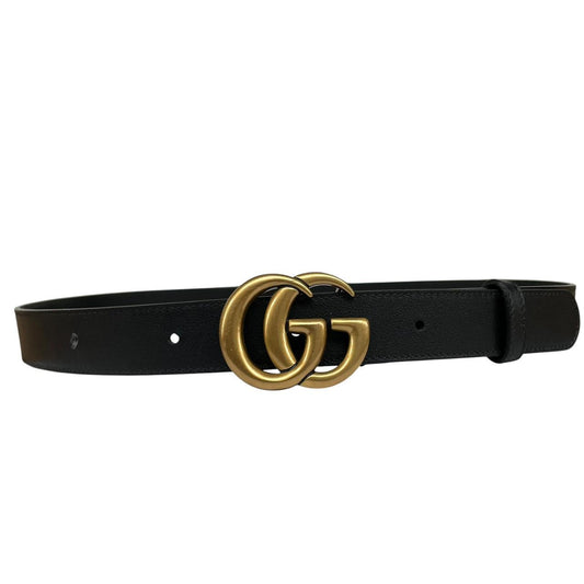 Gucci Black and Gold Marmont Leather Belt with GG Buckle