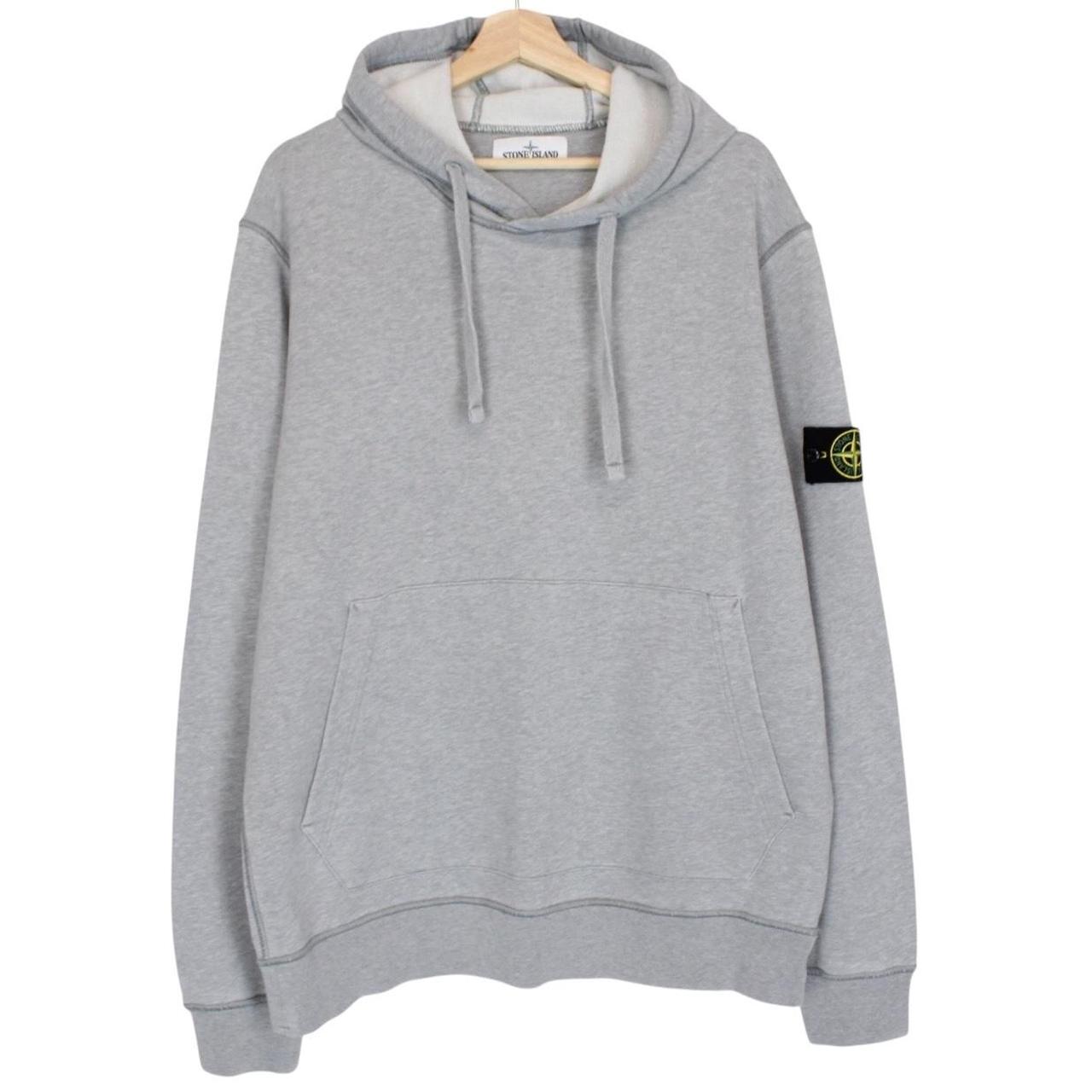 Stone Island grey cotton hoodie with iconic compass logo and drawstring hood.