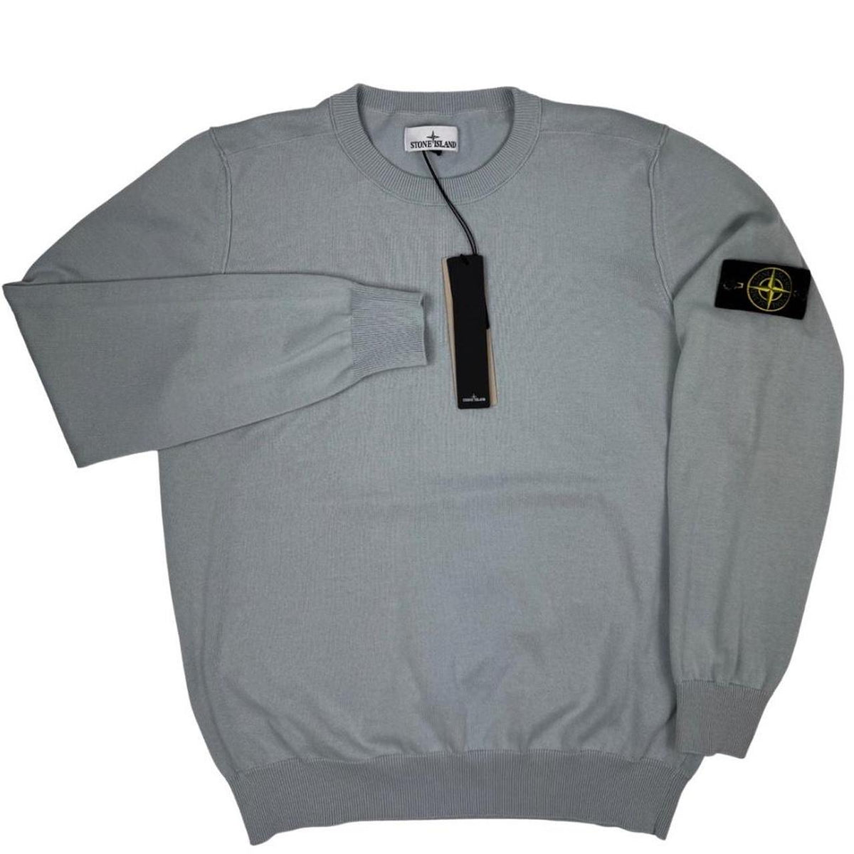 Stone Island grey knit jumper made from organic cotton with logo patch on sleeve.