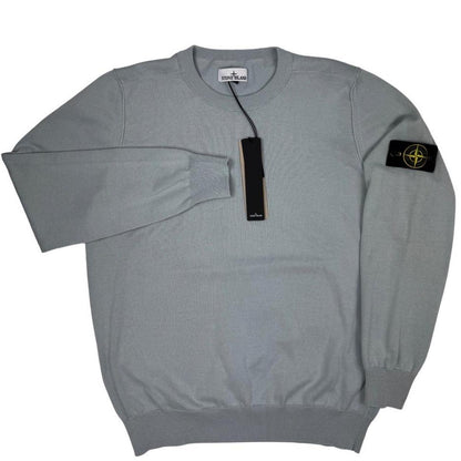 Stone Island grey knit jumper made from organic cotton with logo patch on sleeve.