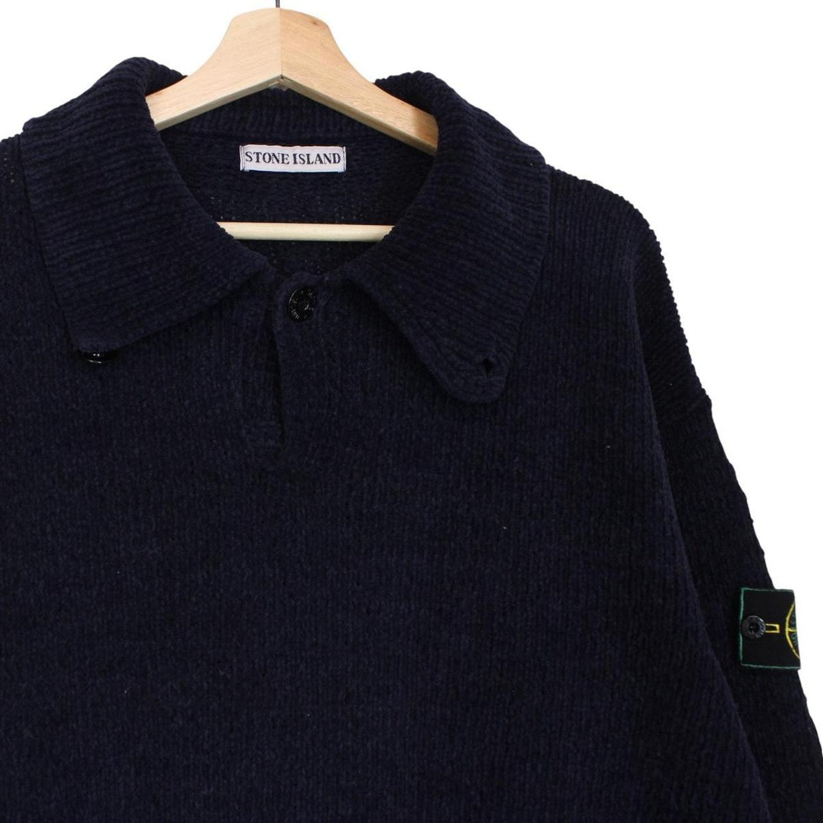 Stone Island navy blue chenille cotton knit jumper with iconic compass logo patch.