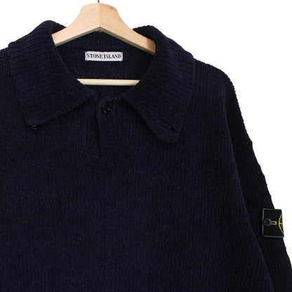 Stone Island navy blue chenille cotton knit jumper with iconic compass logo patch.