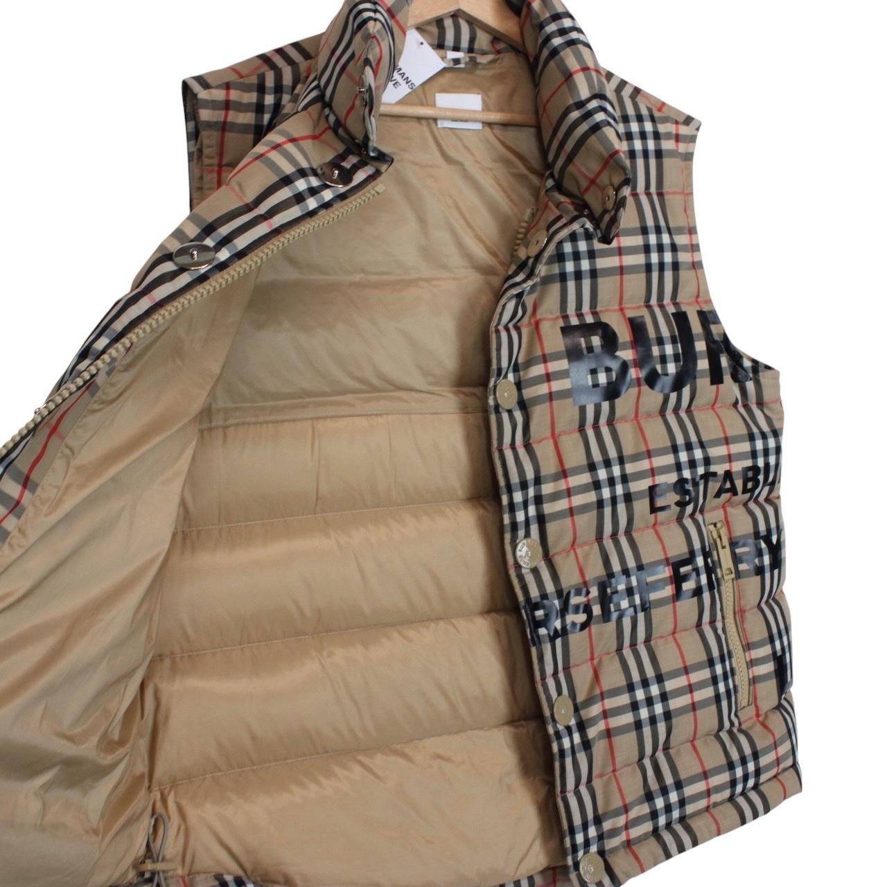 Burberry tan brown down gilet with Nova Check pattern and logo detail.