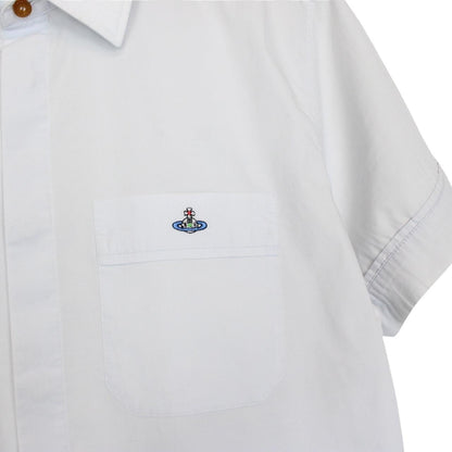 Vivienne Westwood light blue short sleeve cotton shirt with orb logo and collar discoloration.