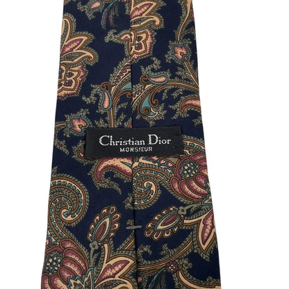 Vintage Christian Dior Navy Blue Paisley Print Silk Tie
