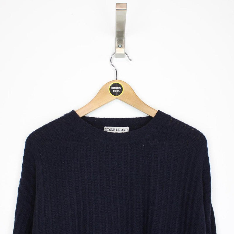 Vintage 1992 Stone Island Navy Blue Ribbed Green Edge Badge Wool Knit Jumper
