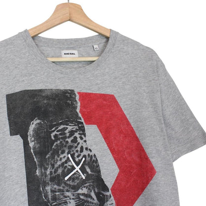 Diesel grey short sleeve cotton t-shirt with jaguar print and pocket detail.