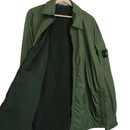 Stone Island green nylon overshirt jacket with full zip and compass logo patch.
