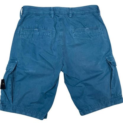 Stone Island teal blue cargo shorts with logo patch and cotton material.