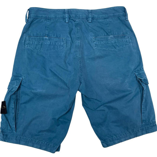 Stone Island teal blue cargo shorts with logo patch and cotton material.