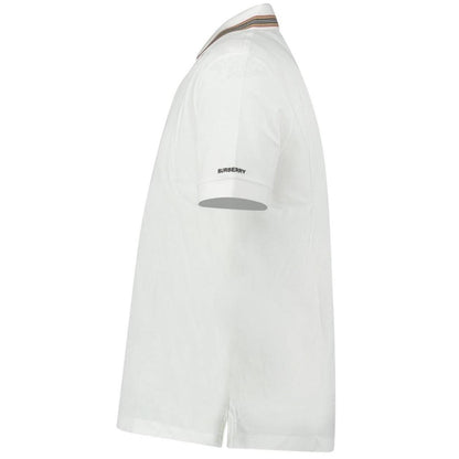 Burberry white polo shirt with striped check collar and cotton material.