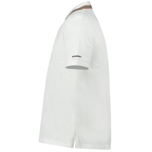 Burberry white polo shirt with striped check collar and cotton material.