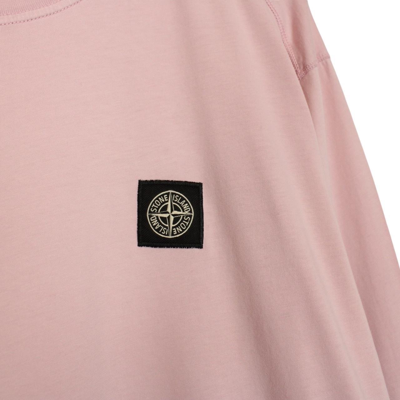Stone Island pink long sleeve t-shirt with compass logo and pocket detail.