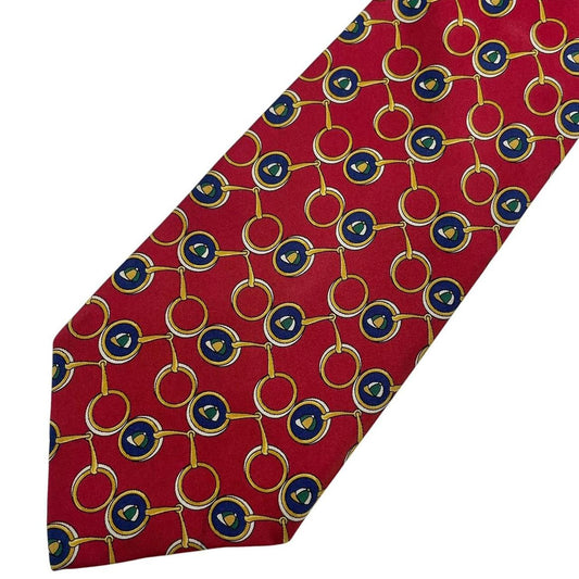 Burberry red silk tie featuring vintage horsebit print design.