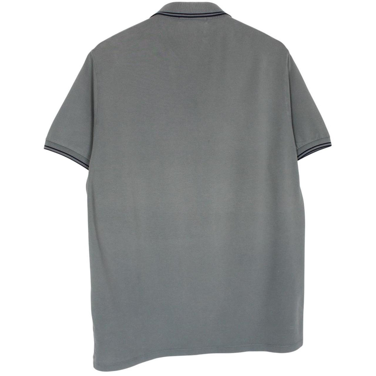 Stone Island grey polo shirt with embroidered compass logo and cotton material.