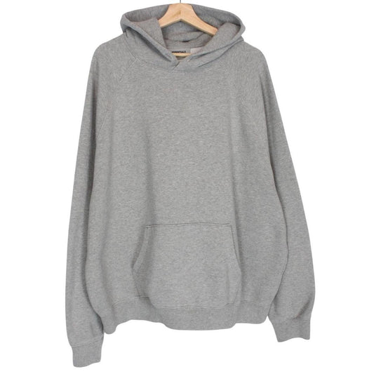 Essentials grey hoodie jumper with oversized fit and subtle logo detail.