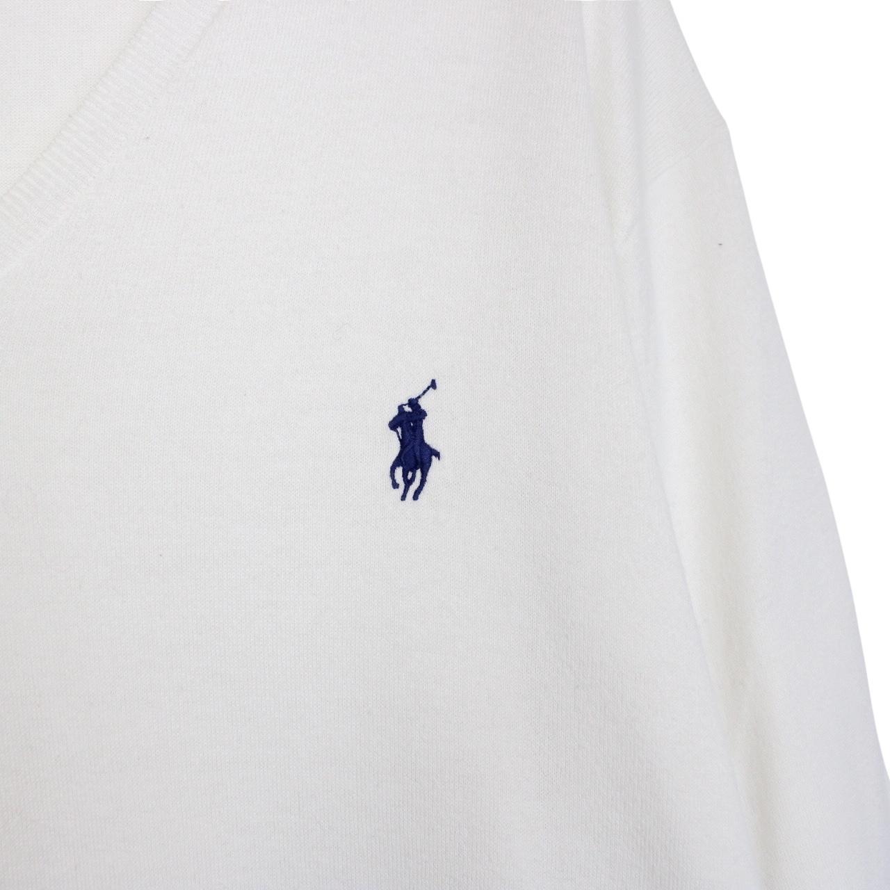Polo Ralph Lauren white knit v-neck jumper with embroidered logo and pima cotton material.