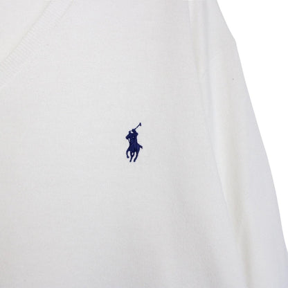 Polo Ralph Lauren white knit v-neck jumper with embroidered logo and pima cotton material.