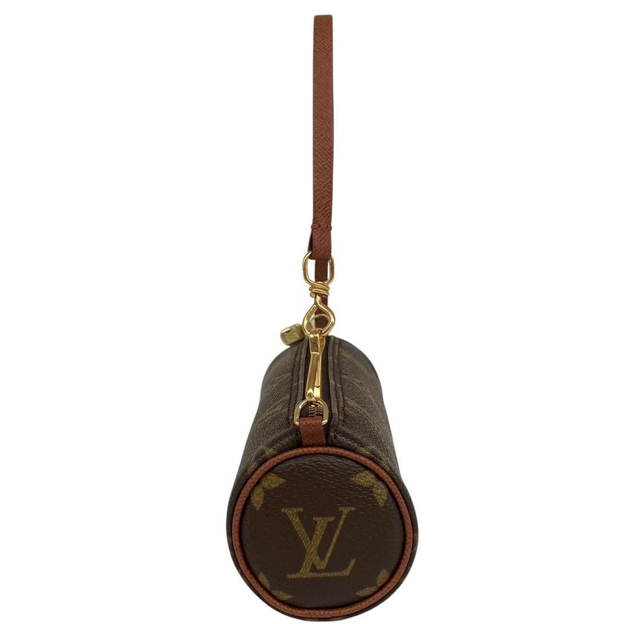Louis Vuitton brown and tan duffel bag with monogram canvas and logo details.