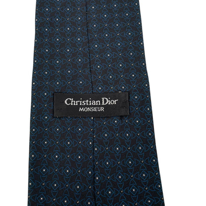 Vintage Christian Dior Black and Blue Geometric Pattern Silk Tie