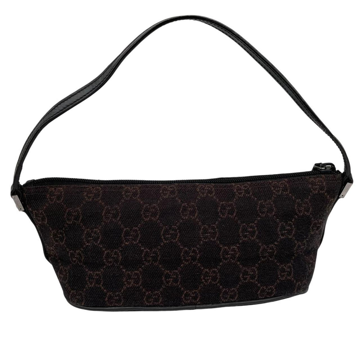 Gucci black and brown GG monogram canvas mini boat pochette bag with metal logo.