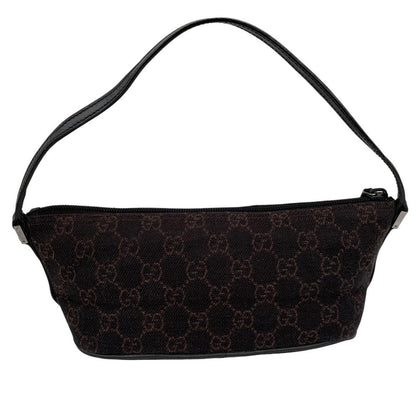 Gucci black and brown GG monogram canvas mini boat pochette bag with metal logo.