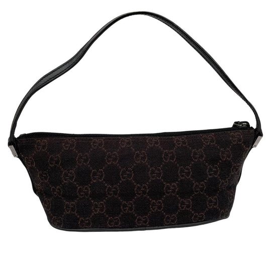 Gucci black and brown GG monogram canvas mini boat pochette bag with metal logo.