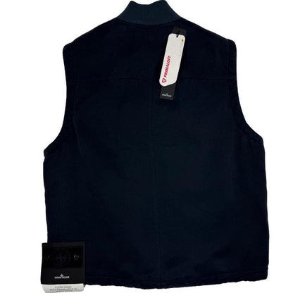 Stone Island navy blue vest jacket with logo patch and Primaloft material.