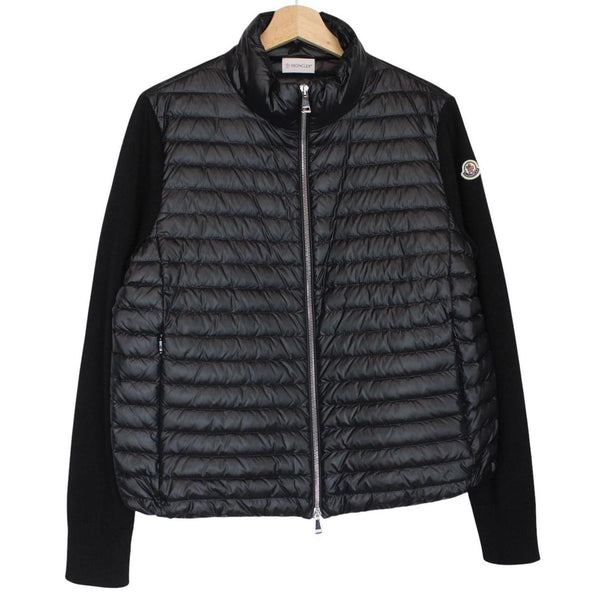 Moncler black cardigan jacket with full zip, down tricot material, and logo detail.