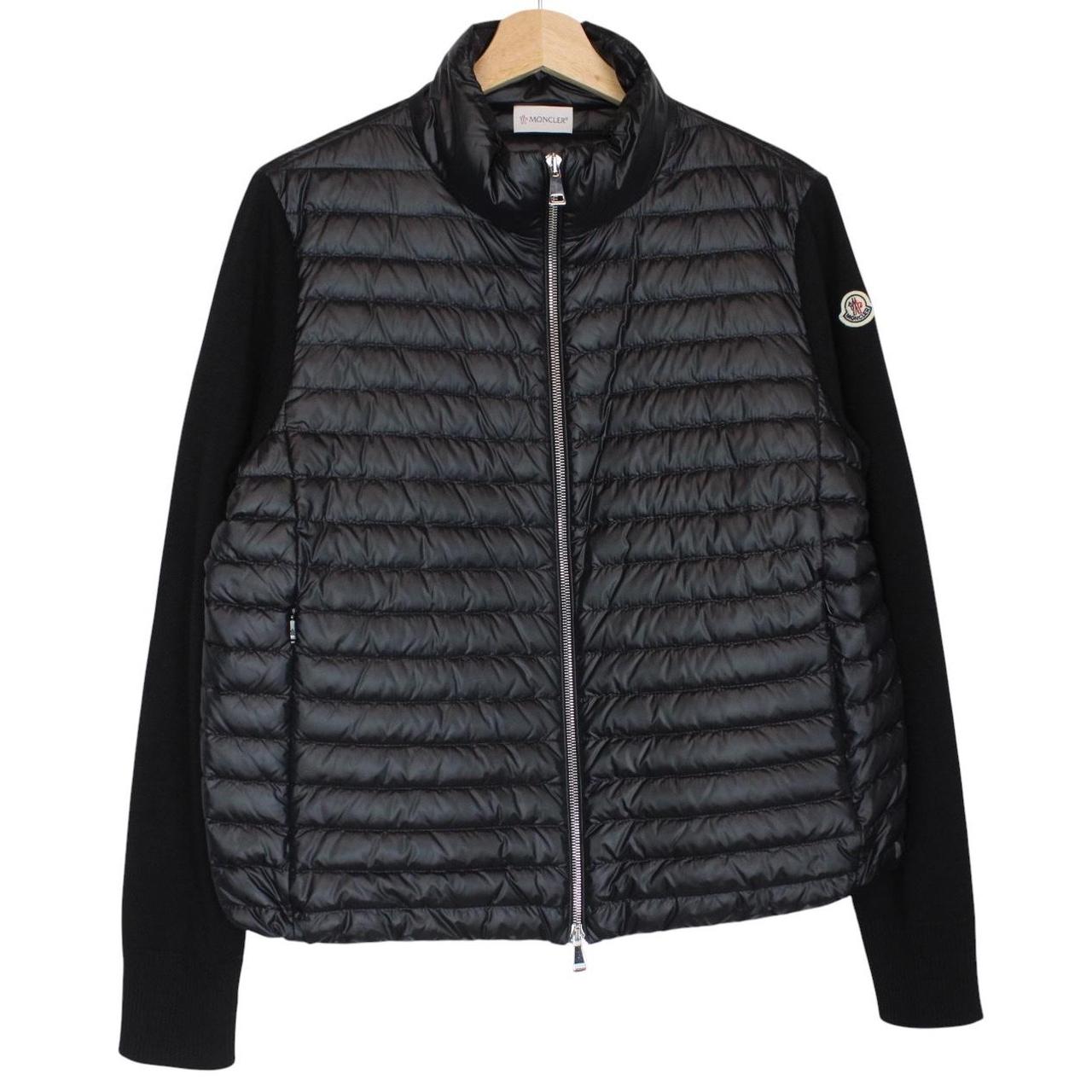 Moncler black cardigan jacket with full zip, down tricot material, and logo detail.