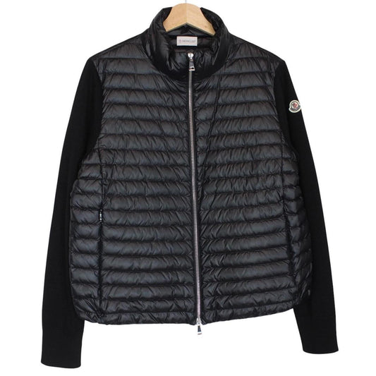 Moncler black cardigan jacket with full zip, down tricot material, and logo detail.