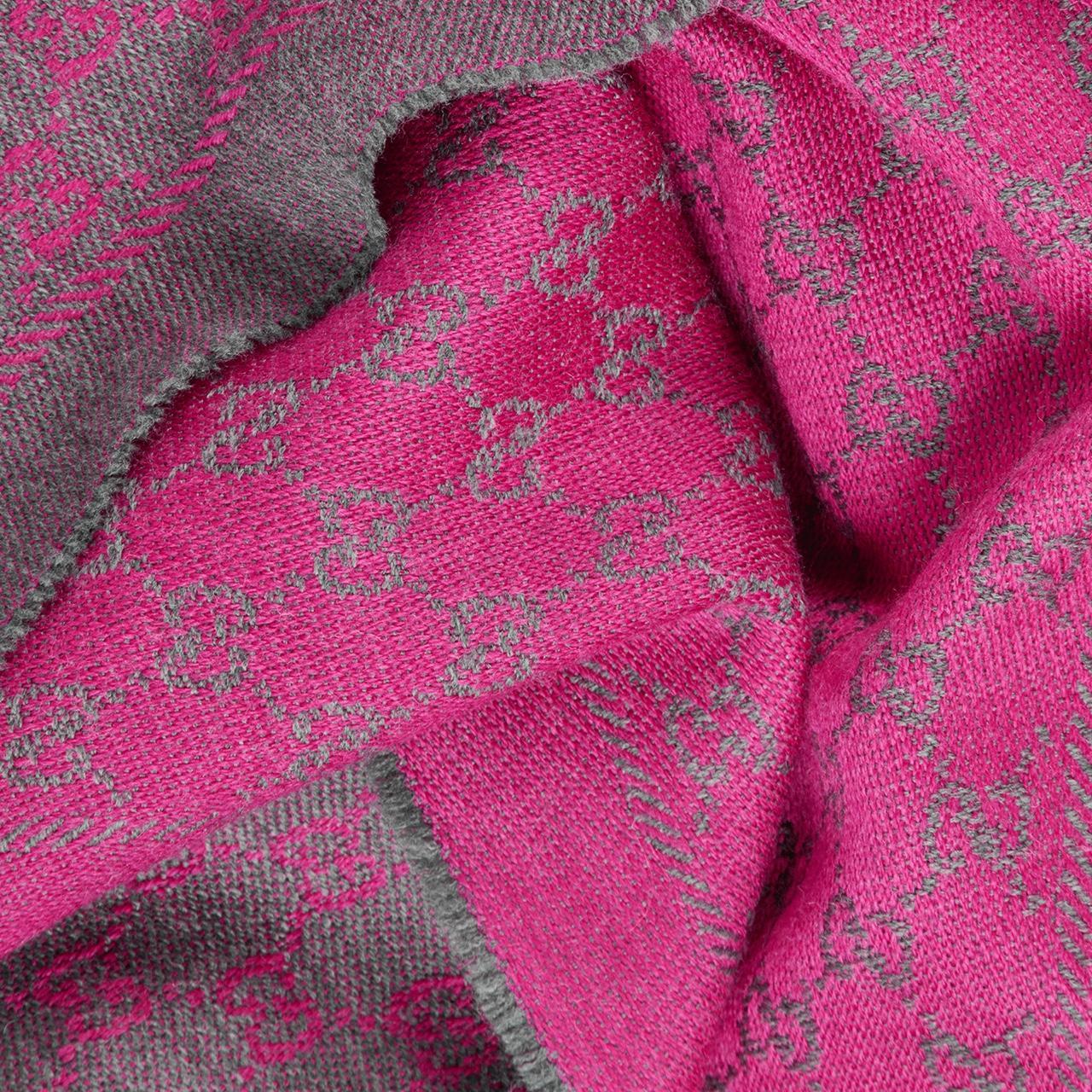 Gucci Grey and Pink GG Monogram Frayed Wool Scarf